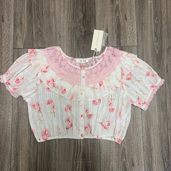 NWT LoveShackFancy Elania Crop Top Pink White Floral Print Women's Size Large - Picture 2 of 8